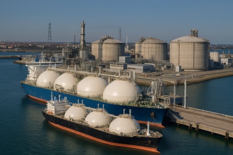  Vista aérea de terminal europea de gas natural licuado con barcos atracados y tanques de almacenamiento