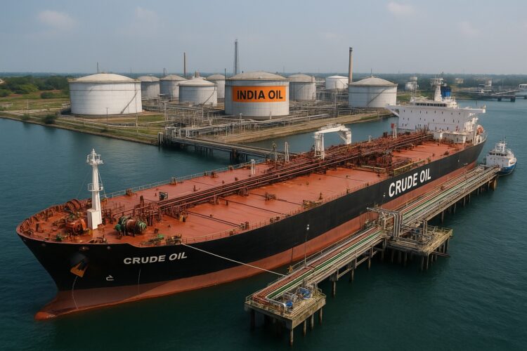  Vista aérea de terminal petrolera en India con tanques de almacenamiento y barco descargando crudo en muelle