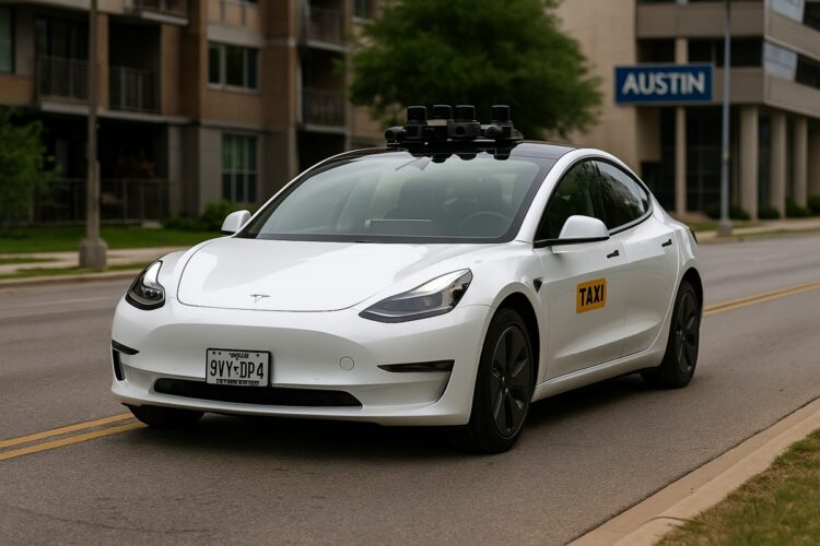 Un Tesla Model 3 autónomo convertido en robo-taxi circula en Austin, mostrando el enfoque tecnológico de cámaras ópticas.