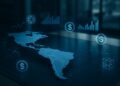 Mapa tridimensional de América Latina con proyecciones financieras holográficas que representan la tokenización de mercados.