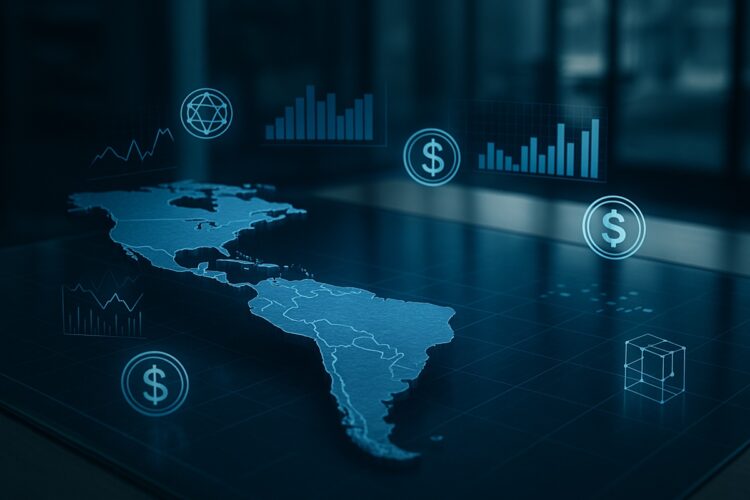 Mapa tridimensional de América Latina con proyecciones financieras holográficas que representan la tokenización de mercados.