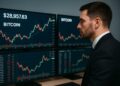 Hombre en traje observa varias pantallas con precios y gráficos en tiempo real de bitcoin