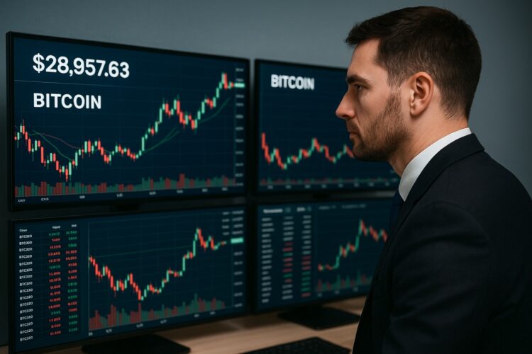 Hombre en traje observa varias pantallas con precios y gráficos en tiempo real de bitcoin