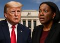 Donald Trump y Lisa Cook enfrentados con la sede de la Reserva Federal al fondo, simbolizando el choque político por fraude hipotecario.