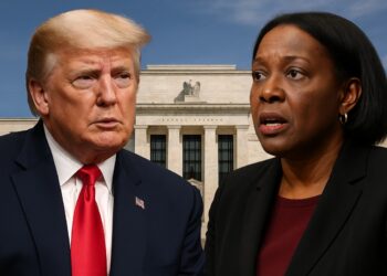 Donald Trump y Lisa Cook enfrentados con la sede de la Reserva Federal al fondo, simbolizando el choque político por fraude hipotecario.