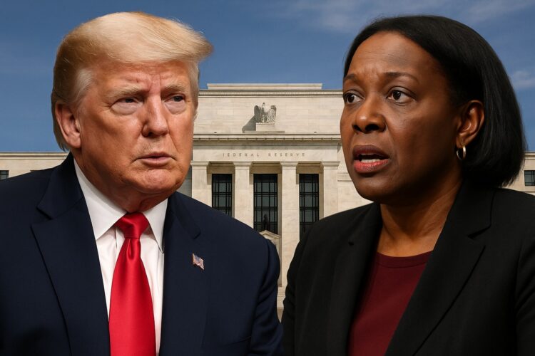Donald Trump y Lisa Cook enfrentados con la sede de la Reserva Federal al fondo, simbolizando el choque político por fraude hipotecario.