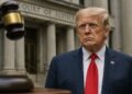 Donald Trump en un entorno institucional, ilustrando la disputa judicial por sus tarifas.