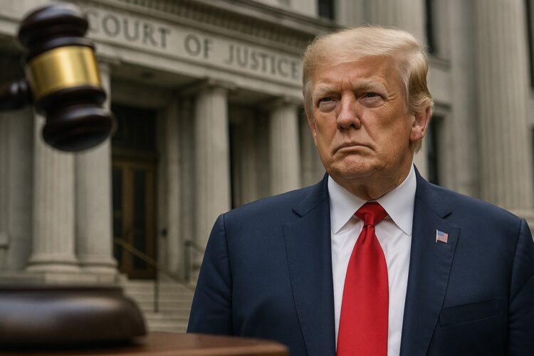 Donald Trump en un entorno institucional, ilustrando la disputa judicial por sus tarifas.