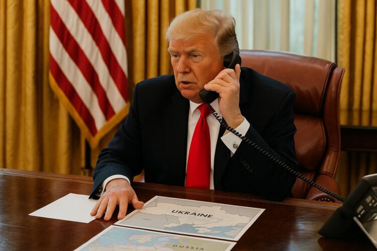Trump en el Despacho Oval hablando por teléfono con mapas de Ucrania y Rusia sobre el escritorio.
