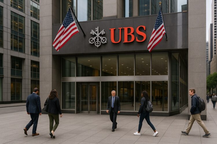 Fachada de la sede de UBS en distrito financiero con peatones y banderas de Estados Unidos ondeando