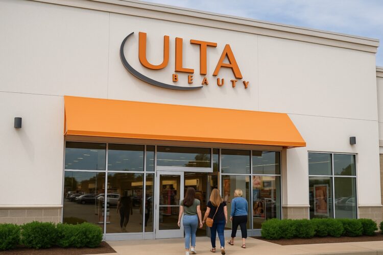 Fachada horizontal de una tienda Ulta Beauty con letrero naranja y clientes accediendo al interior