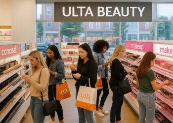 Personas dentro de una tienda Ulta Beauty en China revisando productos de maquillaje en estantes iluminados