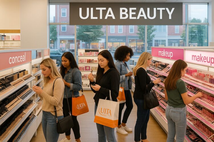 Personas dentro de una tienda Ulta Beauty en China revisando productos de maquillaje en estantes iluminados
