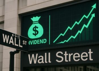 Wall Street con íconos de dividendos y alza bursátil