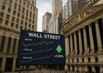Vista de Wall Street con pantalla que muestra gráficos de índices bursátiles