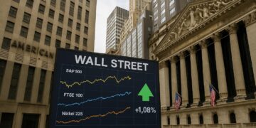 Vista de Wall Street con pantalla que muestra gráficos de índices bursátiles