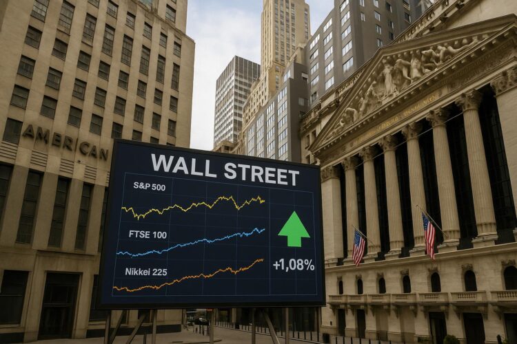 Vista de Wall Street con pantalla que muestra gráficos de índices bursátiles