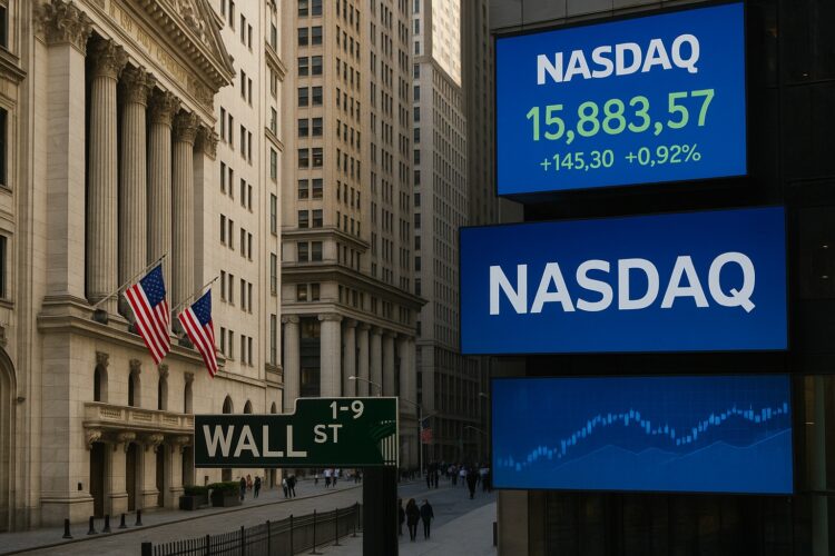 Imagen de Wall Street con letrero de Nasdaq en pantallas electrónicas mostrando cifras en aumento