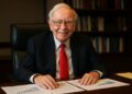 Warren Buffett sonriente en su oficina con documentos financieros sobre la mesa.