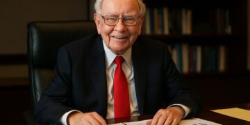 Warren Buffett sonriente en su oficina con documentos financieros sobre la mesa.