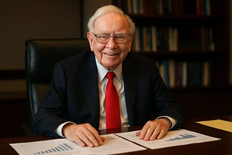 Warren Buffett sonriente en su oficina con documentos financieros sobre la mesa.
