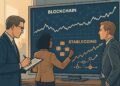 Ilustración editorial muestra agentes financieros analizando gráficos de blockchain y flujos de stablecoins