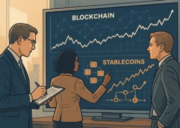 Ilustración editorial muestra agentes financieros analizando gráficos de blockchain y flujos de stablecoins