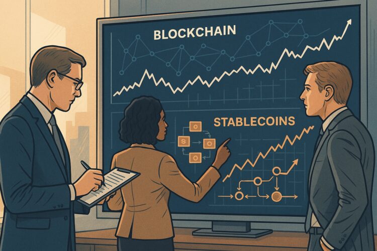 Ilustración editorial muestra agentes financieros analizando gráficos de blockchain y flujos de stablecoins