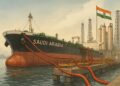 Ilustración editorial muestra buque de Arabia Saudita descargando crudo en un puerto industrial de India