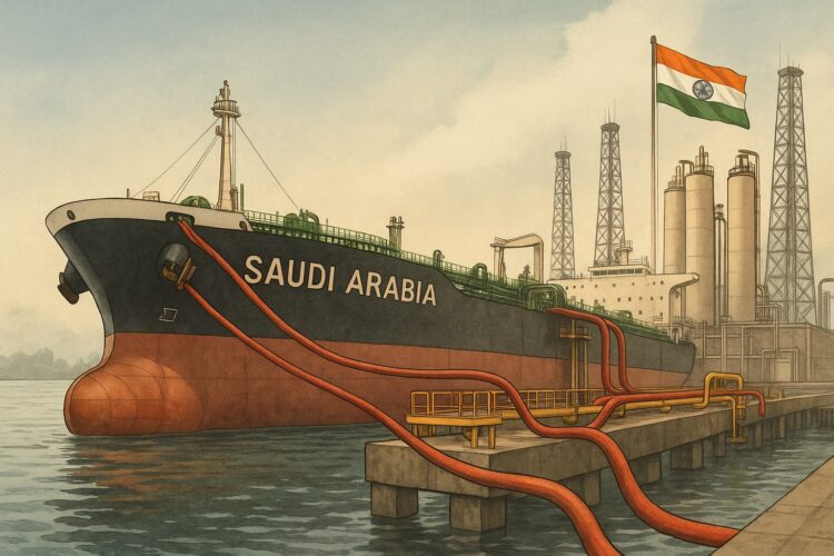Ilustración editorial muestra buque de Arabia Saudita descargando crudo en un puerto industrial de India
