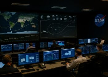 Imagen editorial muestra el centro de control de NASA con ingenieros y pantallas exhibiendo trayectorias de sondas espaciales