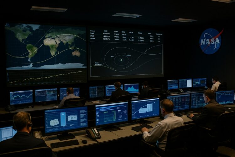 Imagen editorial muestra el centro de control de NASA con ingenieros y pantallas exhibiendo trayectorias de sondas espaciales