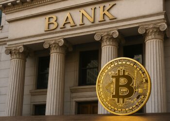 Bitcoin frente a un banco central con columnas clásicas, simbolizando reservas oficiales.