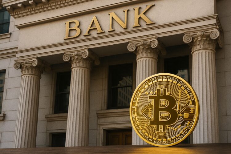 Bitcoin frente a un banco central con columnas clásicas, simbolizando reservas oficiales.