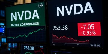 Fotografía editorial muestra pantallas de la Bolsa de Nueva York con el símbolo Nvidia en verde y rojo indicando variaciones de cotización