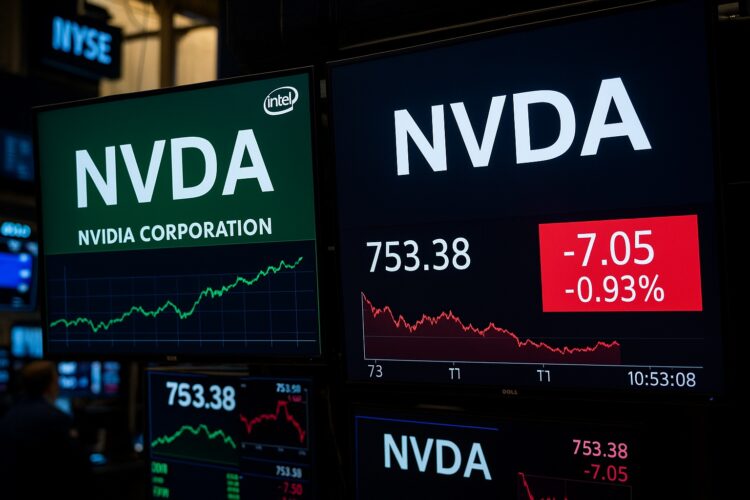 Fotografía editorial muestra pantallas de la Bolsa de Nueva York con el símbolo Nvidia en verde y rojo indicando variaciones de cotización