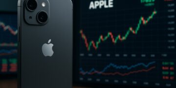 Primer plano editorial del iPhone 17 sobre escritorio con pantallas mostrando gráficos de Apple