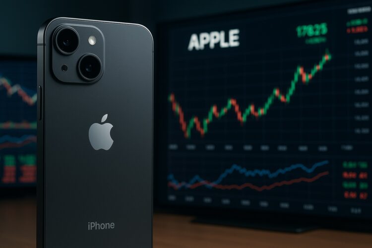 Primer plano editorial del iPhone 17 sobre escritorio con pantallas mostrando gráficos de Apple