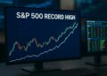 Monitor de trading muestra gráfico del S&P 500 en máximos históricos con velas y datos financieros