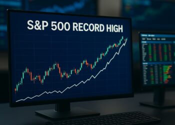 Monitor de trading muestra gráfico del S&P 500 en máximos históricos con velas y datos financieros