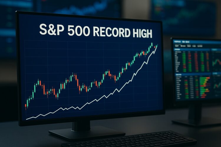 Monitor de trading muestra gráfico del S&P 500 en máximos históricos con velas y datos financieros