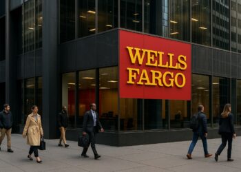 Vista de la fachada de Wells Fargo en un edificio financiero con logo rojo y amarillo visible