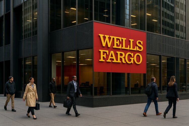 Vista de la fachada de Wells Fargo en un edificio financiero con logo rojo y amarillo visible