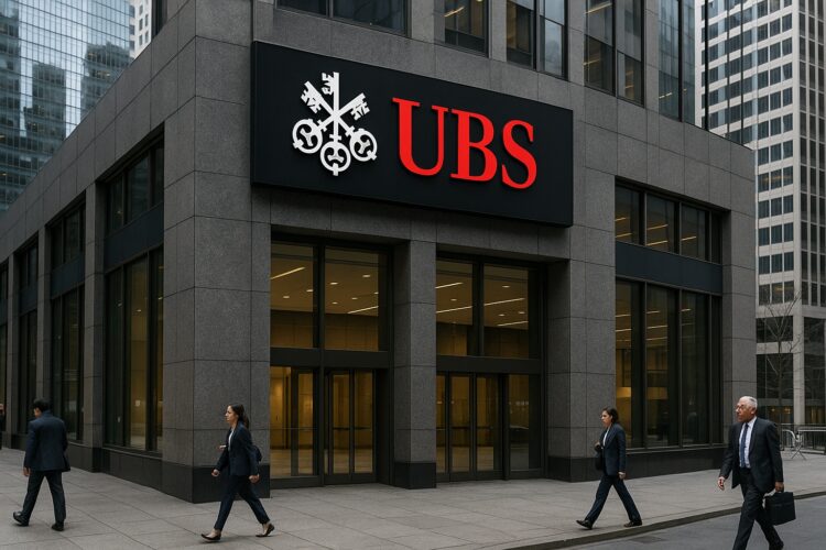 Vista de la fachada de UBS en un distrito financiero con logo rojo destacado sobre el edificio