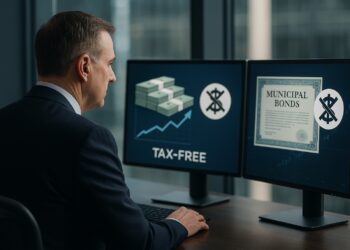 Imagen realista muestra a un inversor en traje observando pantallas con opciones de efectivo y bonos municipales con ventaja fiscal