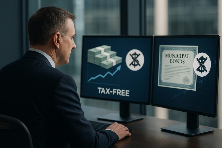 Imagen realista muestra a un inversor en traje observando pantallas con opciones de efectivo y bonos municipales con ventaja fiscal