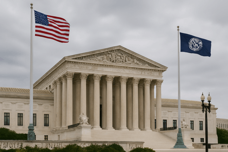Vista frontal de la Corte Suprema en Washington con columnas clásicas y banderas ondeando