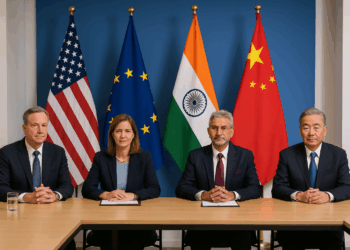 Delegados diplomáticos sentados en Bruselas con banderas de EE. UU., la Unión Europea, India y China al fondo