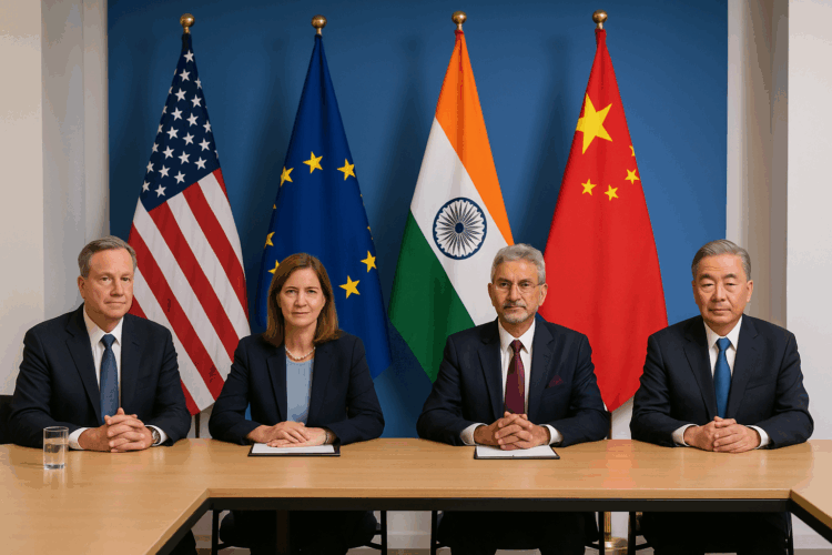 Delegados diplomáticos sentados en Bruselas con banderas de EE. UU., la Unión Europea, India y China al fondo