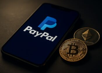 Smartphone con logo de PayPal en pantalla acompañado de monedas físicas de Bitcoin y Ethereum.